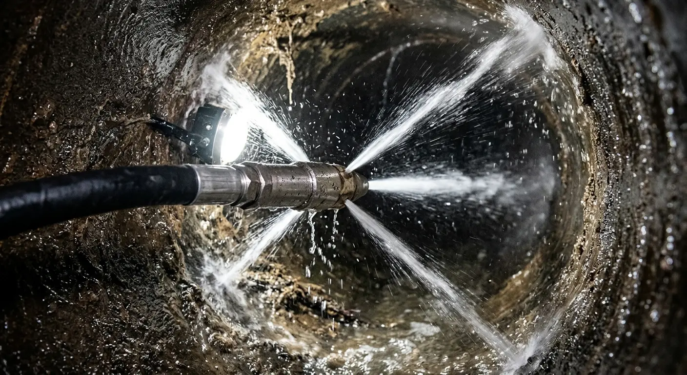 High-pressure hydro jetting nozzle cleaning sewer pipe for Sewer Cleanout in Orleans