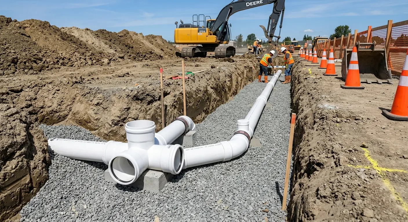 New PVC sewer pipe installation in open trench for Sewer Camera Inspection in Orleans