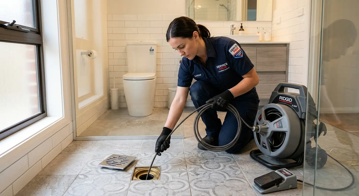 Technician clearing a bathroom floor drain for Sewer Line Replacement in Orleans